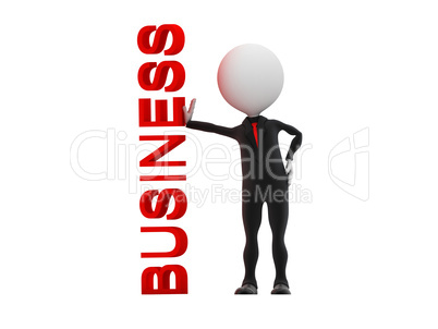 3d businessman standing near business word on whiteboard