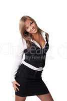 Smiling business woman in black skirt