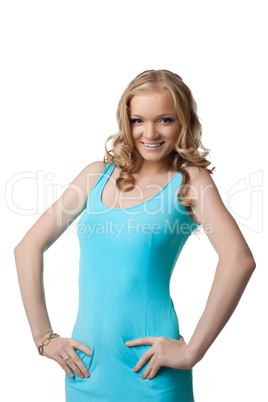 Smiling young woman in blue dress