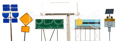 Multiple road signs and billboards