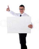 Thumbs up businessman holding banner ad