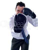 Corporate man posing boxing punch