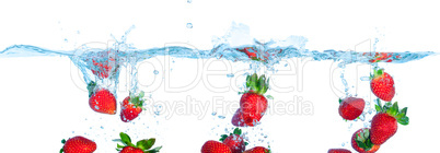 Collage Fresh Strawberry Dropped into Water with Splash