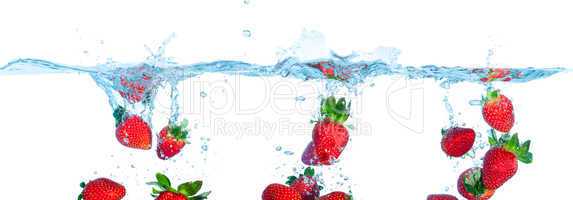 Collage Fresh Strawberry Dropped into Water with Splash