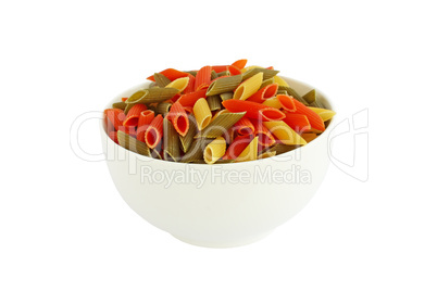 Colored pasta in white bowl