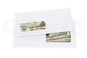 US dollars in the envelope isolated on white background.