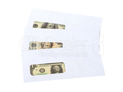 US dollars in the envelope isolated on white background.