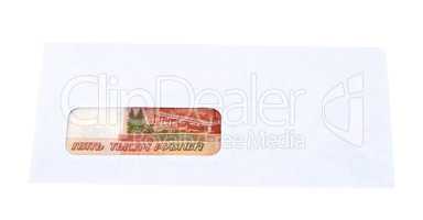 Russian roubles in the envelope isolated on white background.