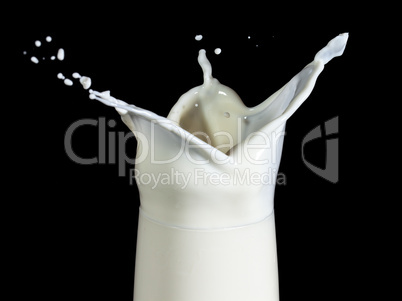 Milk with Splash in Glass, on black background