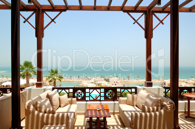 Sea view terrace at luxury hotel, Fujairah, UAE