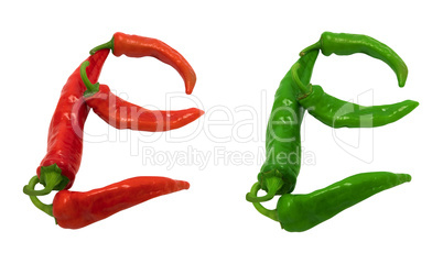 Letter E composed of green and red chili peppers