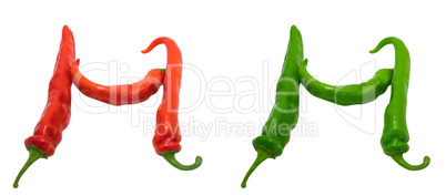 Letter H composed of green and red chili peppers