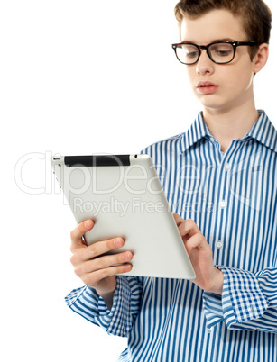 Stylish boy using touchpad device