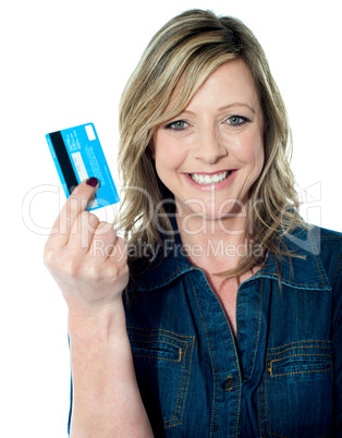 Pretty attractive lady showing credit card