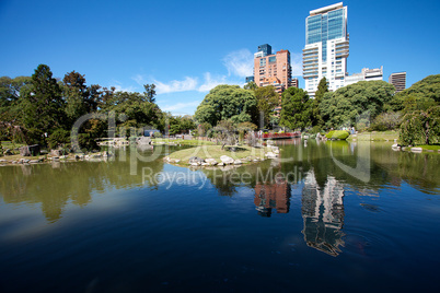 Japanese garden and the skyscrapers on a background of blue sky