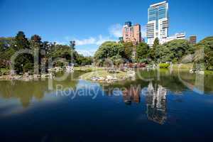 Japanese garden and the skyscrapers on a background of blue sky