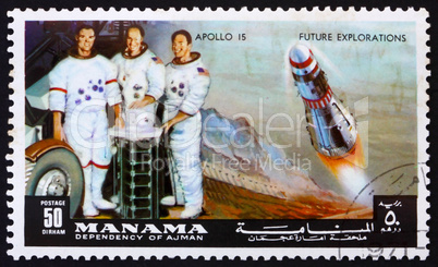 Postage stamp Manama 1972 Astronauts Scott, Worden and Irwin, Ap