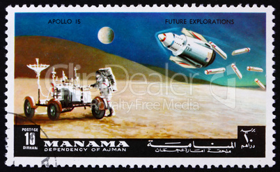 Postage stamp Manama 1972 Astronaut and Radar Antenna, Apollo 15