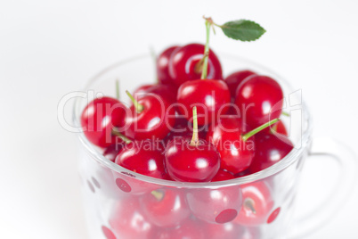 cherry with green leaf and a cup of cherries on a white backgrou