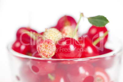 glass cup with cherries and wild strawberries on a white backgro