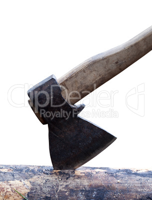 Axe in log isolated on white background