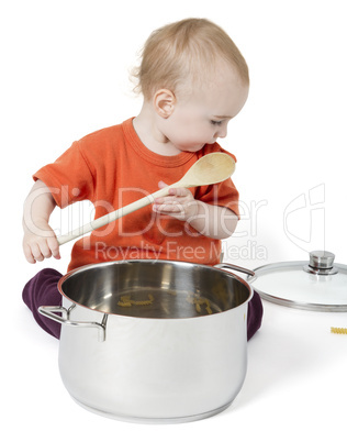 baby with big cooking pot