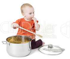 baby with big cooking pot