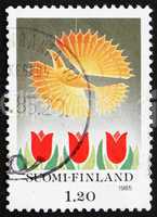 Postage stamp Finland 1985 Bird and Tulips, Christmas