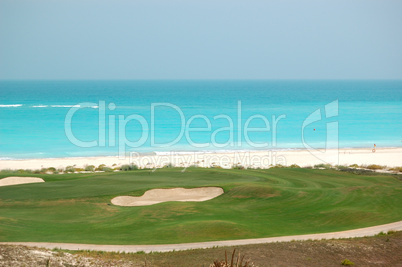 Golf field near beach of the luxury hotel, Saadiyat island, Abu