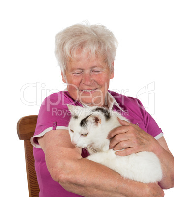 Smiling granny holding her cat