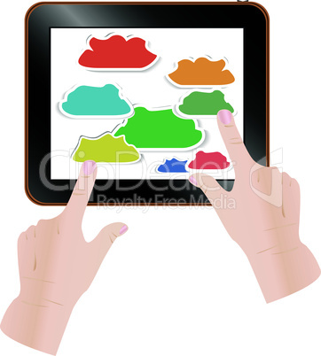 Cloud computing concept. Finger touching cloud on a touch screen. Vector illustration