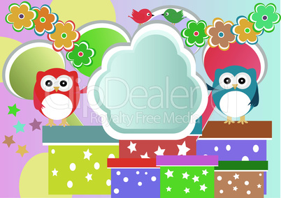 Vector birthday party card with cute owl and birds