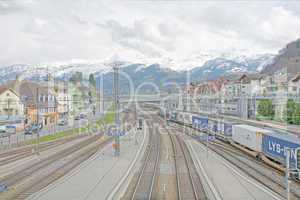 SPIEZ, SWITZERLAND - APRIL 18: Main station in the middle of a village in Spiez, Switzerland. This area is used for agricultural purposes.