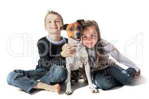 children and  jack russel terrier