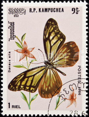 Stamp, butterfly and flower.