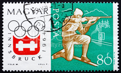 Postage stamp Hungary 1963 Rifle Shooting on skis, Olympic sport