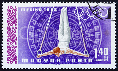 Postage stamp Hungary 1968 Gymnast on Rings, Olympic sports, Mex