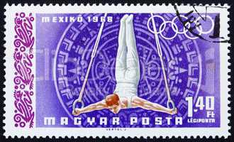 Postage stamp Hungary 1968 Gymnast on Rings, Olympic sports, Mex