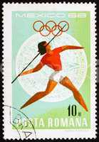 Postage stamp Romania 1968 Javelin, Olympic sports, Mexico 68