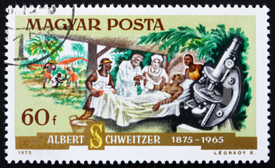 Postage stamp Hungary 1975 Dr. Albert Schweitzer and Patient