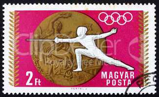 Postage stamp Hungary 1969 Fencing, Olympic sports, Mexico 68