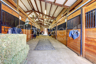 Horse stable interior with hey and wood doors.