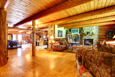 Log cabin rustic living room interior.
