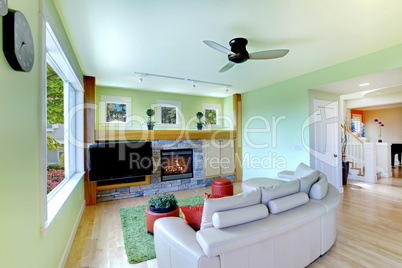 Green living room with black TV and beige sofa.