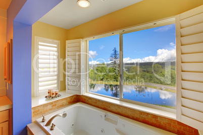 Modern bathroom with large tub and lake view.