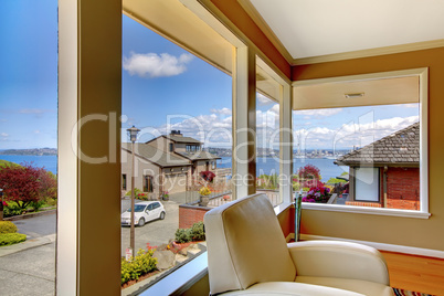 Luxury view from modern living room with white chair.