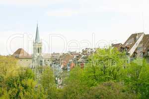 Berne, Switzerland. Beautiful old town. Prominent cathedral towe