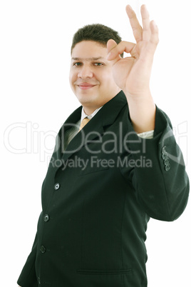 caucasian man ok hand sign gesture studio portrait on isolated w