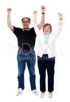 Excited aged couple posing with raised arms
