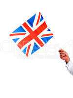 Image of males hand holding UK flag